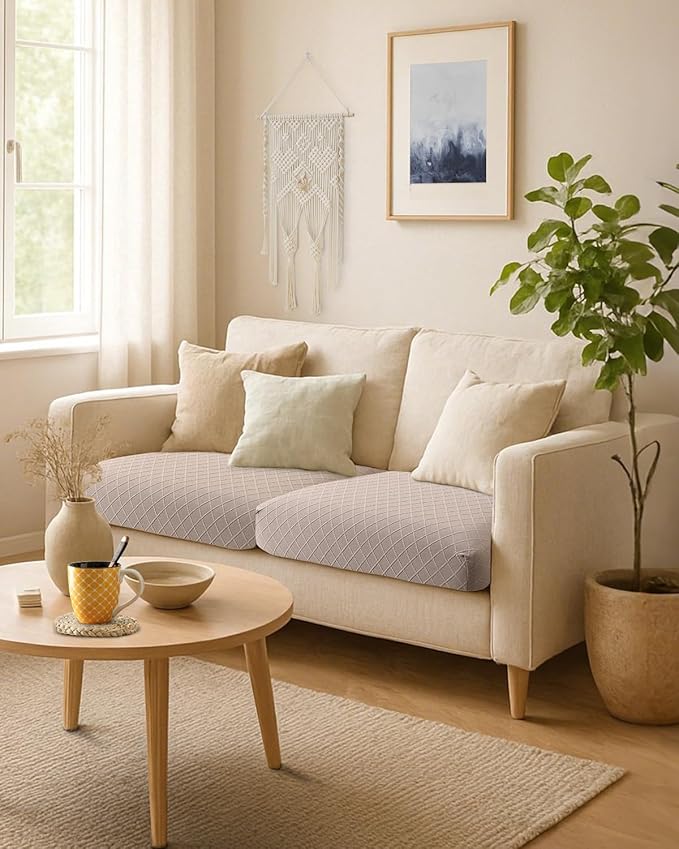 Fuloon Waterproof Seat Cushion Covers 2 PCS, Stretch Sofa Cushion Slipcovers Couch Covers Solid Washable Furniture Protector Suitable for Armchair Loveseat Sofa (Khaki) - Image 2