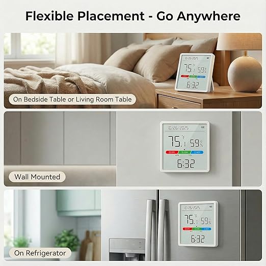 Indoor Thermometer Hygrometer with 4.4" Large Display, Digital Temperature & Humidity Monitor with Clock, Room Humidity Gauge, Built-in Sensor, Magnetic Fridge Mount, Desk Stand or Wall Mount - Image 5