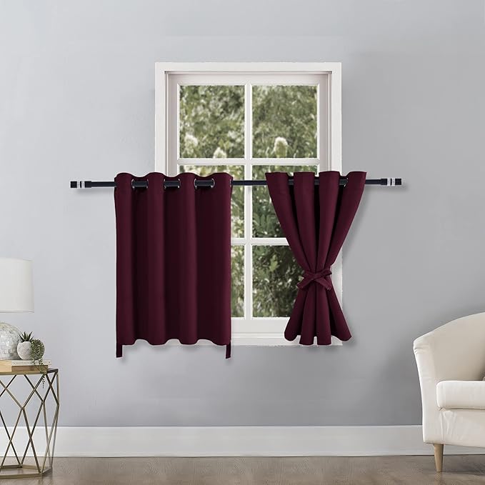Hiasan RV Blackout Curtains for Bedroom, 52 x 36 Inches Long - Thermal Insulated & Light Blocking Window Curtains for Living Room Christmas Decor, 2 Drape Panels Sewn with Tiebacks, Burgundy - Image 2