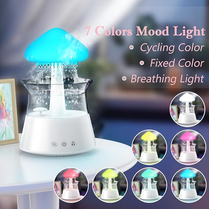 Diffuserlove Cloud Humidifier Rain Water Drip Diffuser Humidifier with Remote Waterfall Lamp Mushroom Humidifier Rain Sounds White Noise Humidifier Air Humidifiers for Bedroom Desk - Image 4