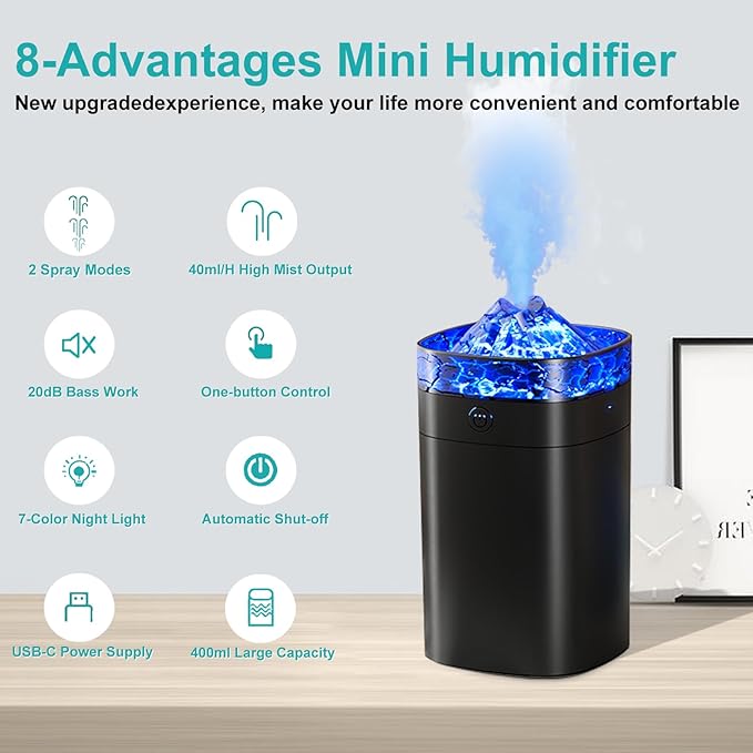 Portable Mini Humidifier, 400ml Small Humidifier with 2 Modes Large Spray, USB Personal Desktop Humidifiers for Home Bedroom Office Travel with 7 Color LED Light, Auto-Off, Bass Work(Black-Crackle) - Image 2