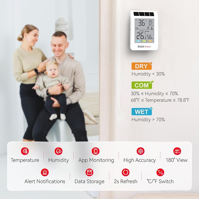 WiFi Temperature Humidity Sensor with Freezing Alert - BaldrTherm Solar Powered Remote Monitor, 3.9" Big Screen, Smart App Alerts for Greenhouse, Pipe Protection, Cellar & Baby Room - Image 9