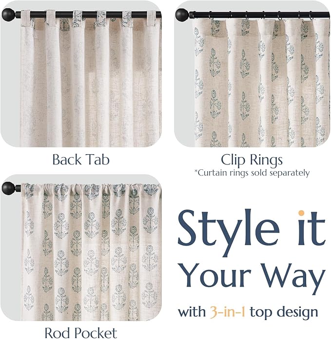 jinchan Linen Floral Curtains for Living Room 63 Inch Length Blue Flower Cottage Core Farmhouse Curtains Rod Pocket Back Tab Boho Semi Sheer Window Drapes Bedroom Set 2 Panels Blue on Beige - Image 6