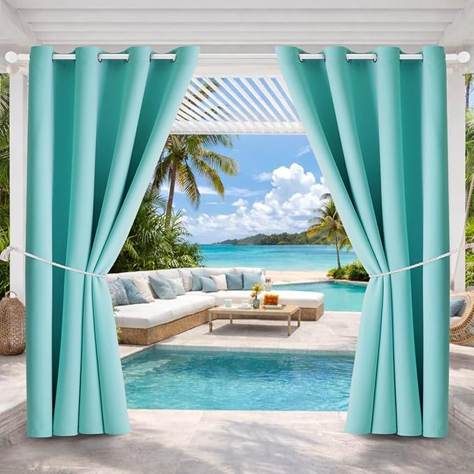 DIVA EN CAMINO DEC Outdoor Patio Curtain Waterproof Darkening Thermal Insulated Indoor Curtains for Bedroom, Porch, Living Room, Pergola, Cabana, W52 x L72, Teal Blue, Set of 2 Panels by DivaenCamino