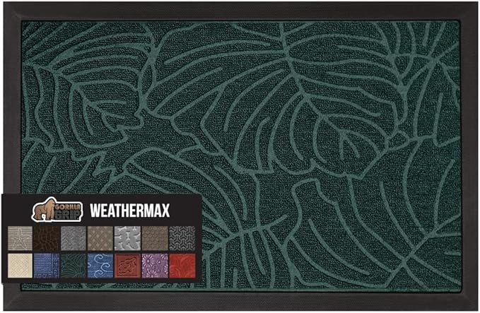 GORILLA GRIP 100% Waterproof All-Season WeatherMax Doormat, 60x24, US Designed Natural Rubber, Stain and Fade Resistant, Low Profile Indoor Outdoor Door Mats, Easy Clean Patio Mat, Green Palm by GorillaGrip