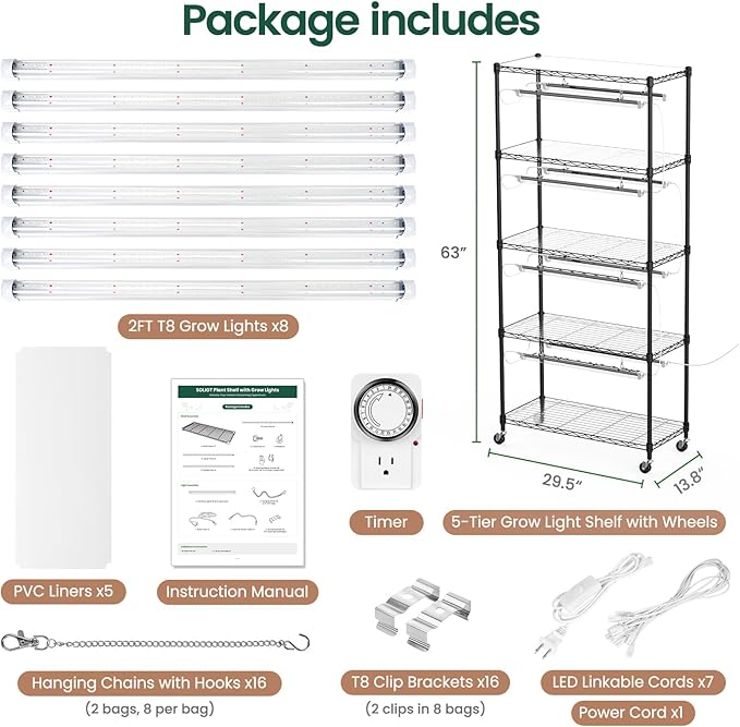 SOLIGT Plant Shelf with Grow Lights, 5 Tier Grow Light Stand Rack with 8 Pack 2FT 6000K T8 Full Spectrum Led Grow Lights for Indoor Plants, Seed Starting, Seedling Growing, Timer Included - Image 3