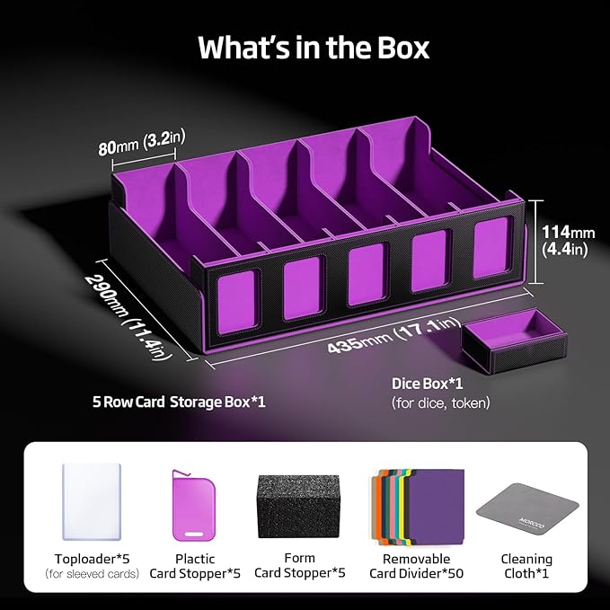 Trading Card Storage Box 5-Row 3900+ Capacity,TCG MTG Card Case with Magnetic Lid & Commander Display,Top Loader Storage for Sports Cards,Includes Dividers Dice Box（Black Purple） - Image 2