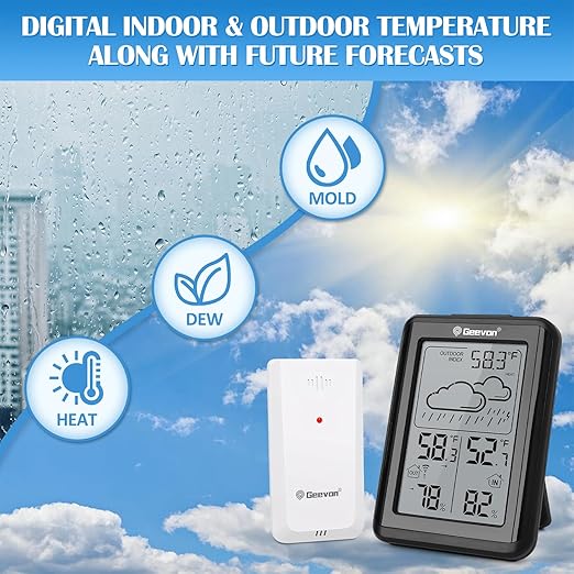 Geevon Indoor Outdoor Thermometer Wireless 200ft/60m, Digital Temperature Humidity Monitor with Large Display, Hygrometer with Weather, 3 Channel, Mold/Dew/Heat, 10s Backlight - Image 4