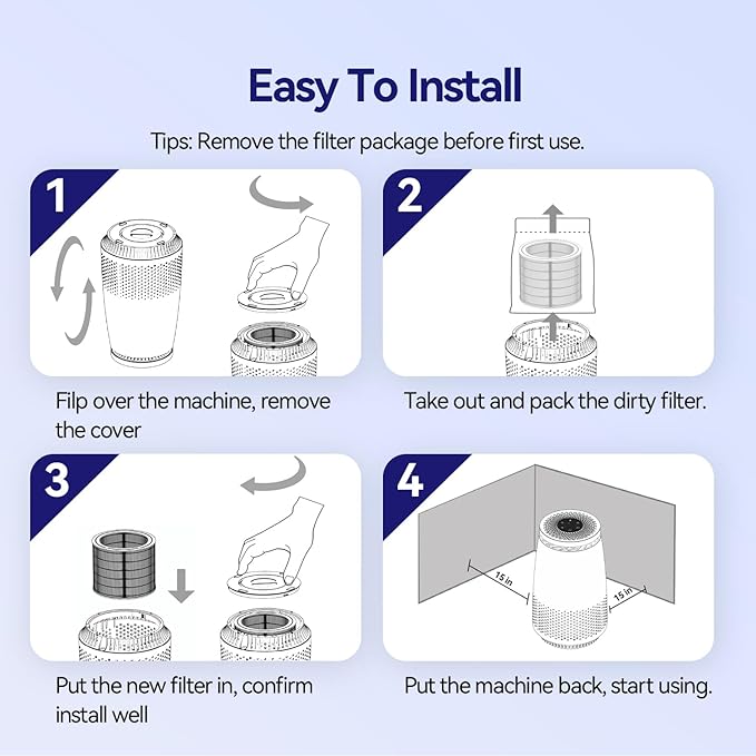Air Purifiers for Home Bedroom, 3-in-1 HEPA Filter for Pets Dander Dust Pollen Smoke Odors, Quiet Air Cleaner with Sleep Mode, 12H Timer, Night Light, Aromatherapy, Safety Lock, Black - Image 7