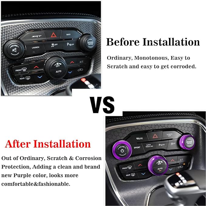 Auprite Climate Control Knob Covers for Challenger Accessories 2015-2023 2024, for Dodge Charger 2015-2023 2024, for Dodge Chrysler 300/300s 2015-2024,3Pcs Kit (Purple) - Image 2