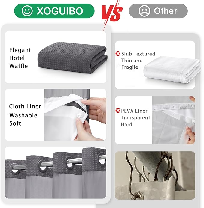 No Hook Shower Curtain and Liner Set,Dark Grey Hotel Waffle Shower Curtain with Liner 81" L x 72" W - Image 5