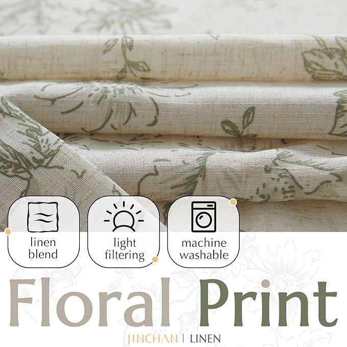 jinchan Linen Blend Floral Curtains for Living Room 84 Inch Length Farmhouse Printed Curtain Rod Pocket Back Tab Sage Green Peony Flower Patterned Drapes Bedroom Curtains Set 2 Panels - Image 2