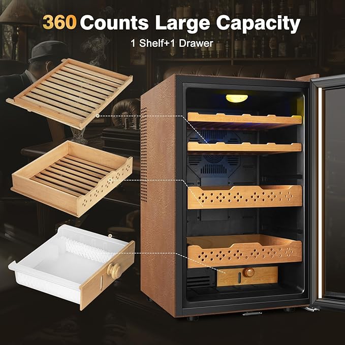 Electric Cooler Cabinet 70L with Temperature and Humidity Control, Leather Finish, Spanish Cedar Wood Shelves and Safety Lock (500 Counts Capacity), Gift for Men - Image 5