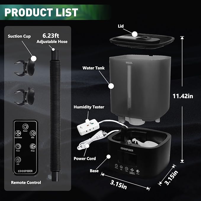 Coospider Grow Tent Humidifiers with Dual Hose, Quiet Cool Mist Fogger with Timer & Humidity Control, Humidifier for Indoor Plants, Grow Room, Mushroom, Terrarium, Bedroom, Greenhouse - Image 7