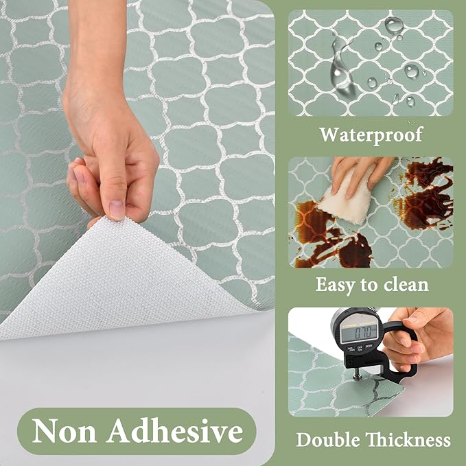 Shelf Liners for Kitchen Cabinets Non Adhesive Drawer Liner 17in x 30FT Light Green Quatrefoil Thickened Shelf Liner Strong Non-Slip Easy to Clean for Tool Box Refrigerator with Knife and Tape Measure - Image 3