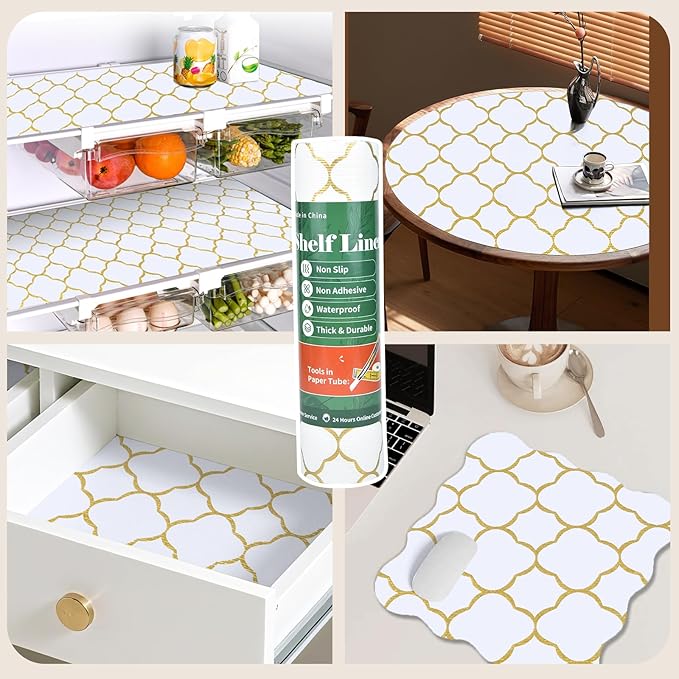 Shelf Liners for Kitchen Cabinets 17in x 30FT Non Adhesive Drawer Liner Gold Quatrefoil Thickened Shelf Liner Paper Strong Non-Slip Easy to Clean for Tool Box Refrigerator with Knife and Tape Measure - Image 9