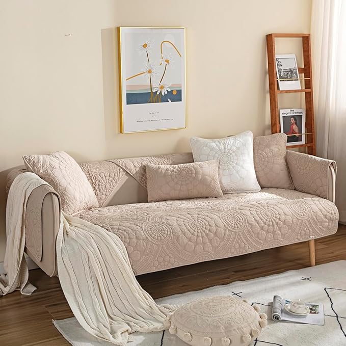 vctops Boho Circle Embroidery Couch Sofa Cover Solid Color Cotton Quilted Non-Slip Sectional Couch Covers Sofa Slipcover for Dogs, Children, Pets Furniture Protector (Khaki,36"x70") - Image 3