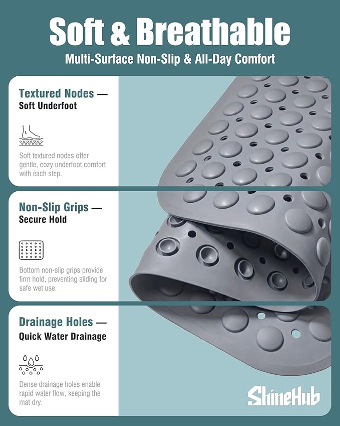Non-Slip Bath Mat for Tub Shower, TPE Machine Washable Bathroom Essentials with Suction Cups, Quick-Dry 28x16 inch (Mist Pine Gray) - Image 5