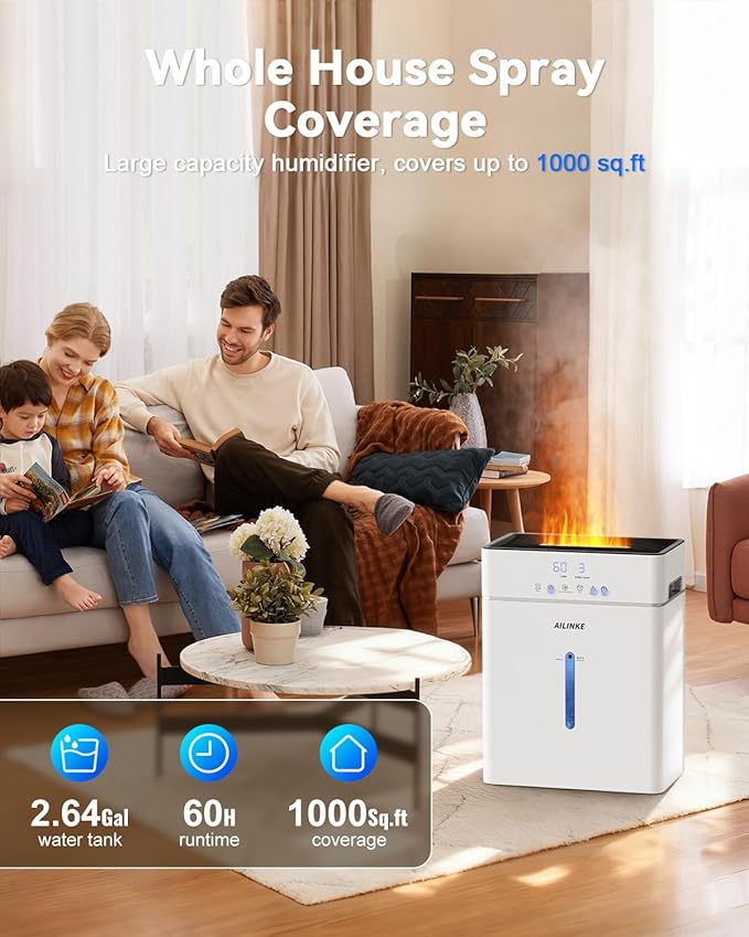 Humidifiers for Bedroom Large Room 10L/2.64Gal, Warm and Cool Mist Humidifier Large Room, Simulated Flame Humidifier Light, 12H Timer, 3 Speed, Top Fill, 1000sq.ft for Baby/Plant/Office - Image 2