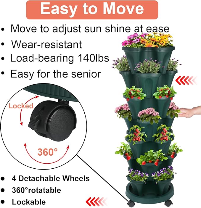 DUNCHATY Stackable Planter, Vertical Garden Planter with Wheels and Tools, Self Watering Strawberry Planter Indoor/Outdoor 7 Tier Herb Planter Pots for Growing Vegetables and Succulents,Pine Green - Image 2