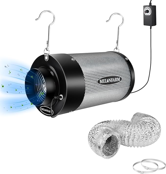 MELONFARM Air Filtration Kit 4", Built-in 14cm Fan Low Nois Carbon Filter with 12-Speed Controller, 8' Ducting, Cooling & Ventilation System for Grow Tents, Indoor Gardening, Hydroponics 4“x12.6" by MELONFARM