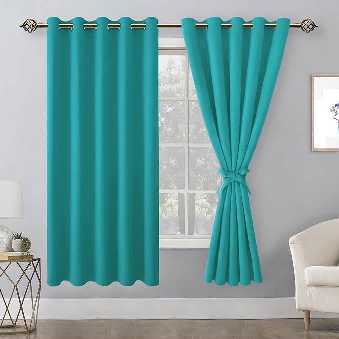 Hiasan Room Darkening Curtains for Bedroom, 60 x 72 Inches - Thermal Insulated & Energy Saving Window Drapes for Living Room/Dorm Room, Set of 2 Panels Sewn with Tiebacks, Peacock Teal - Image 2