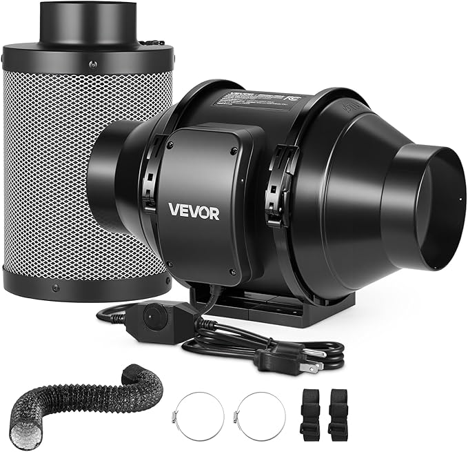 VEVOR 4" Air Filtration Kit, 180 CFM Inline Duct Fan with Speed Controller, Carbon Filter & Ducting Ventilation System for Heating Cooling Booster, Grow Tents, Hydroponics by VEVOR
