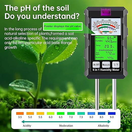 6-in-1 Soil Moisture Meter, Hygrometer for Plants with Soil Moisture, PH Meter, Temperature, Sunlight, Fertility, Environmental for Farming, Gardening (2*AAA Battery Needed) - Image 3