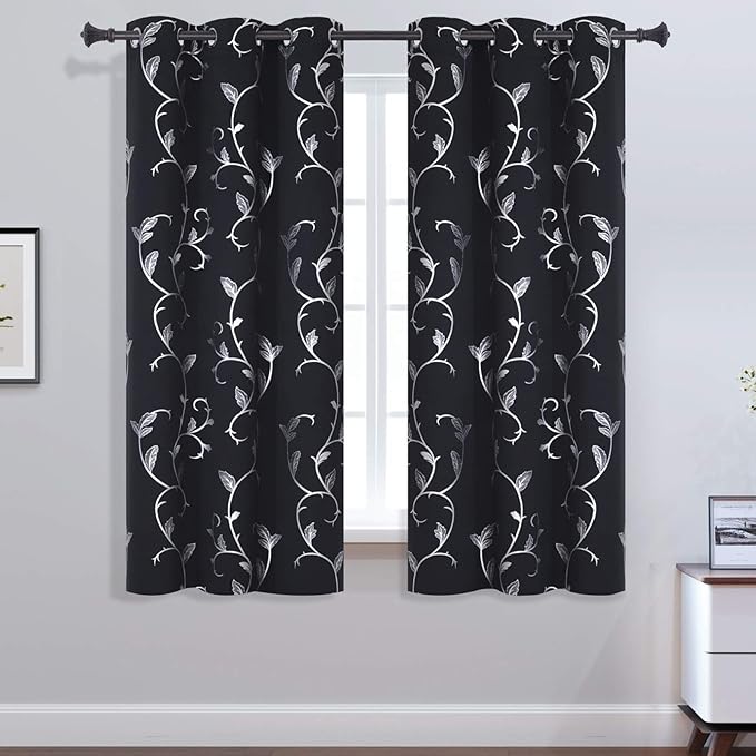 BUHUA Small Window Blackout Curtains with Silver Vine Print Pattern Black Blackout Curtains for Kitchen Window 38W×45L Black Set of 2 - Image 2
