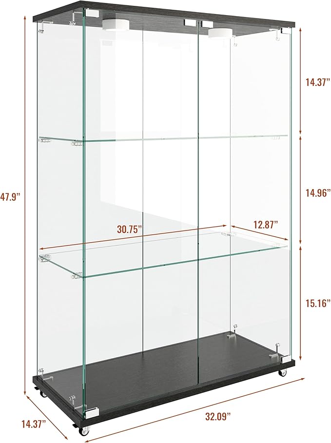 Yoluckea 3-Shelf Glass Display Cabinet with LED Lights, 2-Door Floor Standing Curio Cabinet with Universal Wheel for Home or Office, Black Glass Bookshelf for Collections, Decor, and Corner Display - Image 2