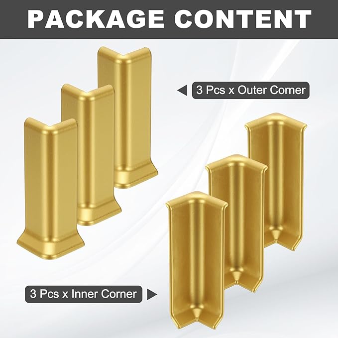 uxcell Self Adhesive Baseboard Corner Blocks, 4.07 Inch Wall Edge Corner Protector 3 Inside + 3 Outside Corners-Connector for Wall Floor Furniture Edge(Gold) - Image 3