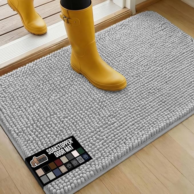 GORILLA GRIP SOAKSTOPPER Dog Door Mat, 36x24 Machine Washable Rug Absorbent Doormat Captures Moisture Mud Dirt, Quick Dry Soft Chenille Entryway Rugs Indoor Entrance Mats for Dog Paws, Light Gray by GorillaGrip