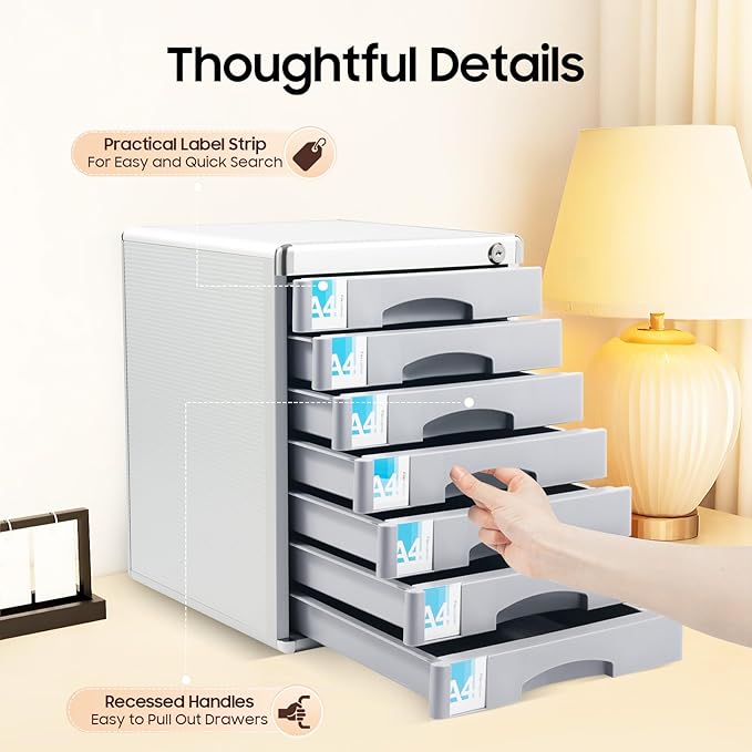 7 Tier Desktop Drawer Organizer, Aluminum Alloy File Organizer, Desktop Drawer Paper Organizer, 7 Drawers with Label Slot Document Storage Box with Key for Offices School - Image 4