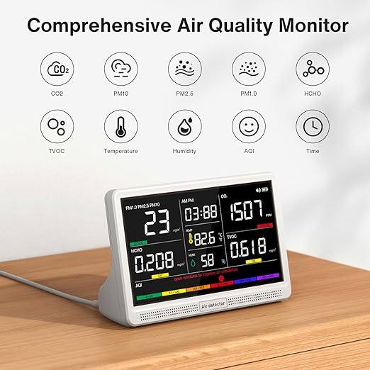 Upgrade Extended 12-Hour Battery Life 16 in 1 Air Quality Monitor Indoor with 7" Display, Professional Air Quality Meter for CO2, TVOC, PM2.5, PM1.0, PM10, HCHO, Temperature, Humidity, AQI & Time - Image 3