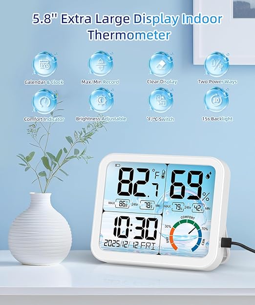 VOCOO 5.8" Large Display Indoor Thermometer Hygrometer - Backlight LCD with Comfort Indicator, Max/Min Records, Clock & Calendar, Dual Power (USB/Battery), Wall Mount or Tabletop - Image 2
