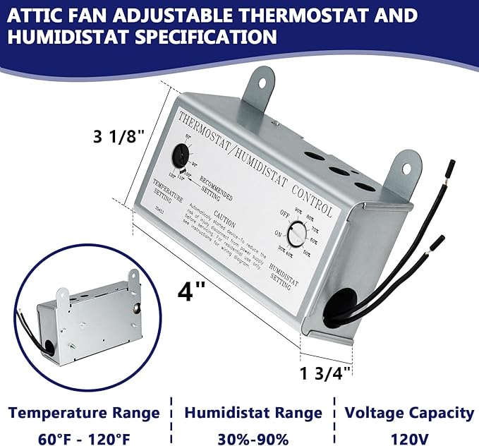 Hiorucet Attic Fan with Thermostat Humidistat Controller, Adjustable Temperature Humidity Controller for Workshops Greenhouses Garages, Attic Ventilator Fan Thermostat Humidistat Control Box - Image 2