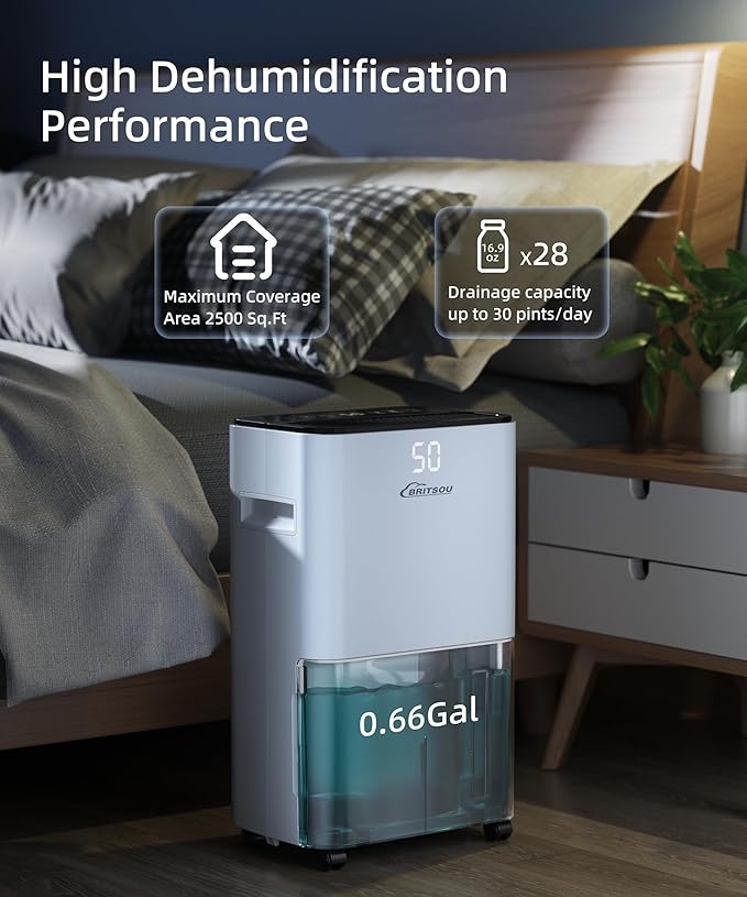 BRITSOU 34 Pint Dehumidifier for Basement with Drain Hose & 0.66 Gallon Water Tank, Manual & Auto Drainage, Smart Quiet Dehumidifiers for Home with Auto Shut off, 24HR Timer - Image 3