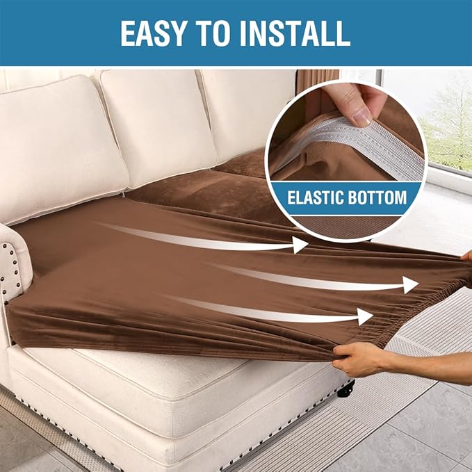 H.VERSAILTEX Velvet Stretch Sectional Couch Covers 3 Pieces Sofa Seat Cushion Covers L Shape Separate Cushion Couch Chaise Cover for Both Left/Right Couch (Large Sofa 2 Seater + 1 Chaise, Caramel) - Image 4