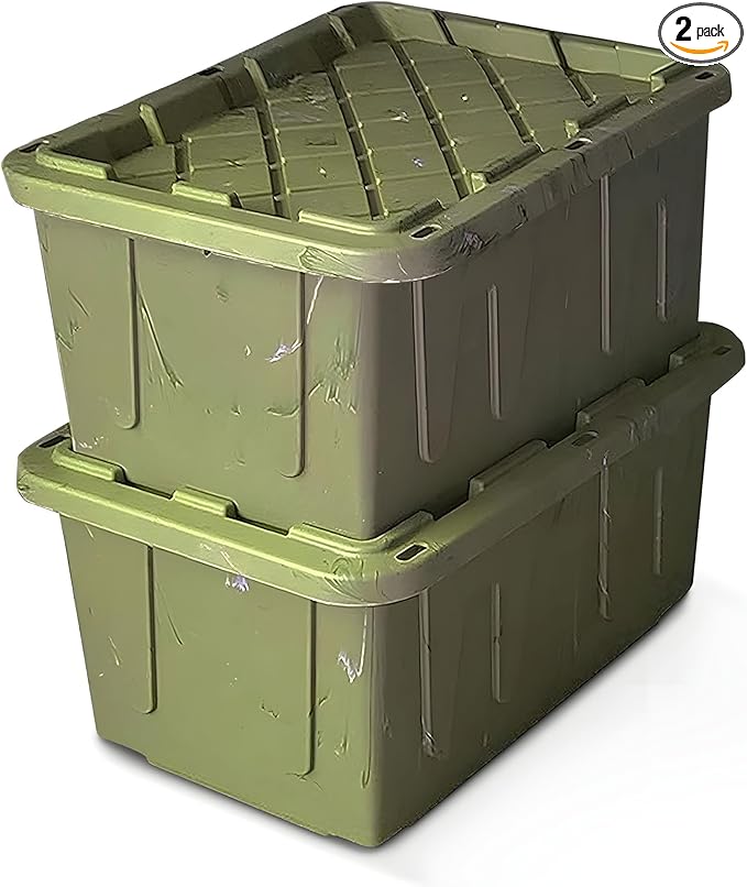 HOMZ 2-Pack Durabilt Tote, Heavy Duty Plastic Storage Bins with Lids, 27 Gallon, Green Camo - Stackable Organizing Containers for Home, Garage, and Office by Homz