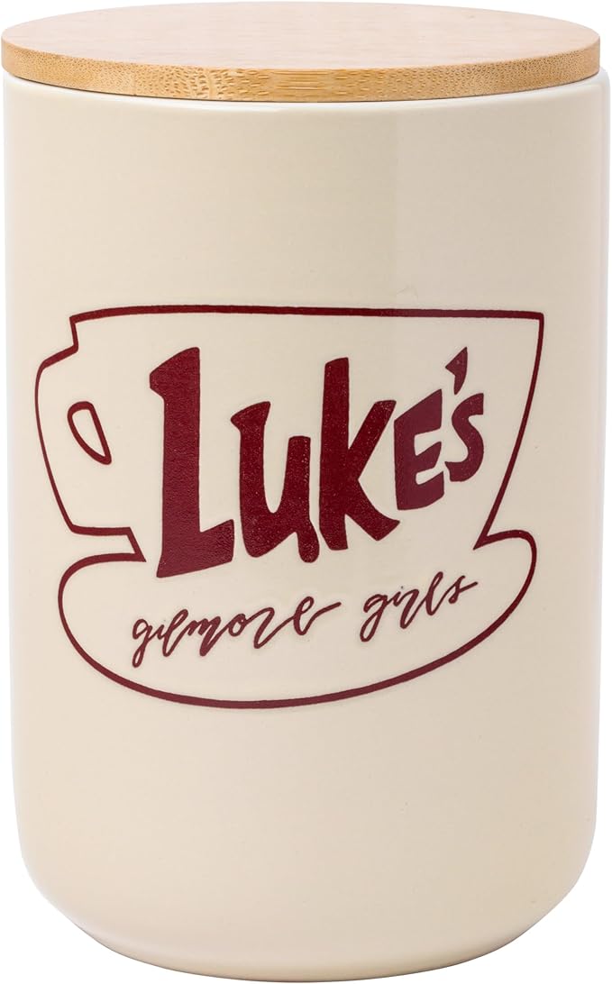 Silver Buffalo Gilmore Girls Wax Resist Ceramic Cookie Jar with Bamboo Lid Featuring Luke’s Cafe Logo, 5” x 5” x 6.5” by SilverBuffalo