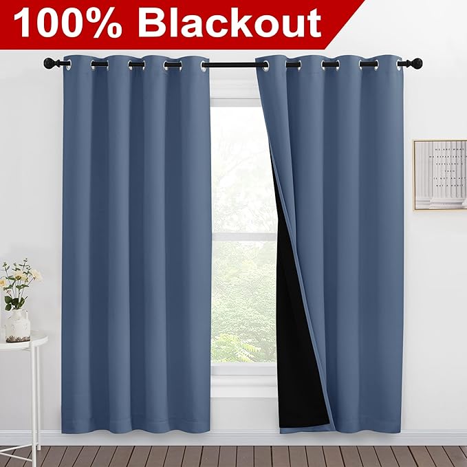 NICETOWN Full Shade Curtain Panels 78 inches Long, Pair of Energy Smart & Noise Blocking Out Blackout Drapes for Guest Room Window, Thermal Insulated Lined Window Dressing (Stone Blue, 55x78) - Image 2