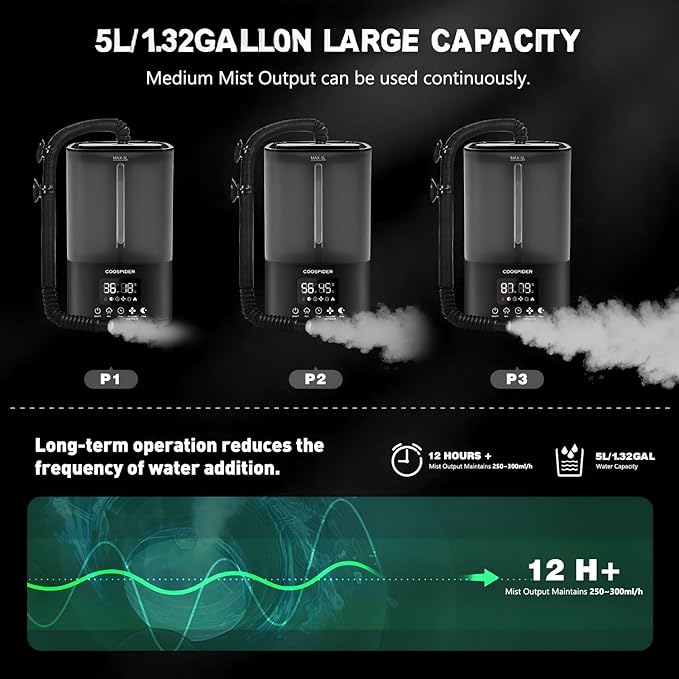 Coospider 5L Humidifier for Indoor Plants, Top Fill Humidifier for Grow Tent, Cool Mist Humidifiers with Timer & Humidity Control, Quiet Fogger for Plants, Mushroom, Greenhouse, Terrarium, Bedroom - Image 6