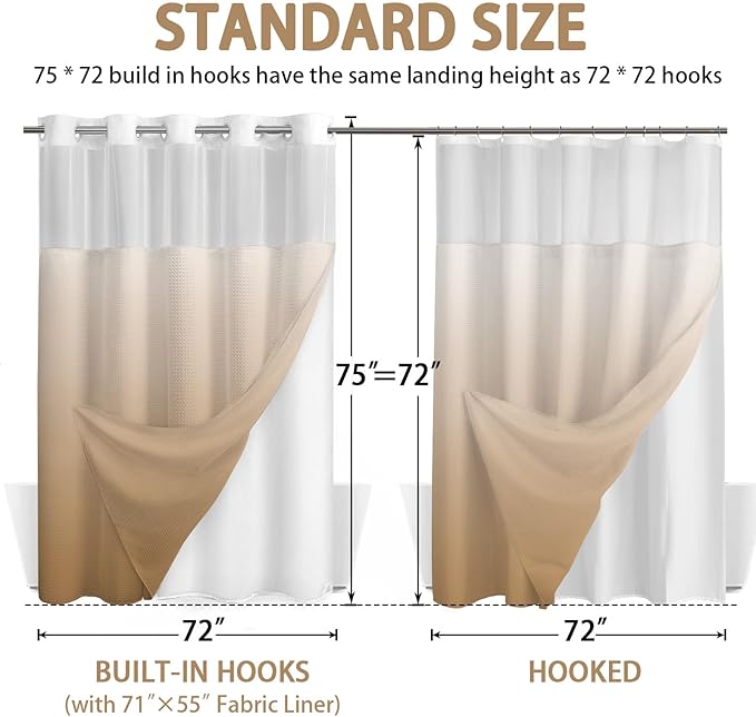 No Hook Shower Curtain and Liner Set,Ombre Beige Hotel Waffle Shower Curtain with Liner 75" L x 72" W - Image 6
