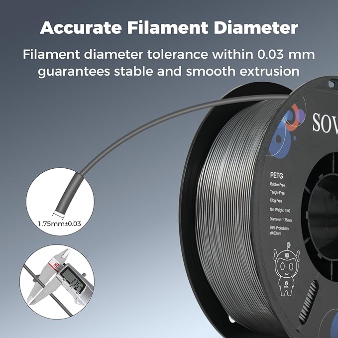 Sovol 3D Printer PETG Filament 1.75mm 1KG (2.2lbs), High Precision, Strong Toughness, Wiring Tightness, Dimensional Accuracy +/- 0.03 mm, 3D Printing PETG Filaments, Silver Gray - Image 6
