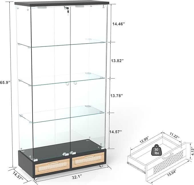Yoluckea 4-Tier Glass Display Cabinet with LED Lighting and 2 Drawers, 2-Door Floor Standing Curio Cabinet with Wheel for Home, Office, Corner Display, Black Glass Bookshelf for Collections and Decor - Image 2