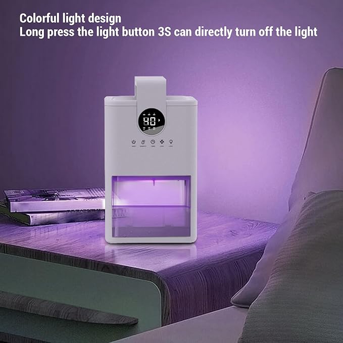 Small Dehumidifier, 1L Water Tank Portable Dehumidifier with Smart Humidity Control, Auto Shut Off, Colorful Night Light, for Bathroom, Bedroom, RV, Closet (US Plug 500W) - Image 6
