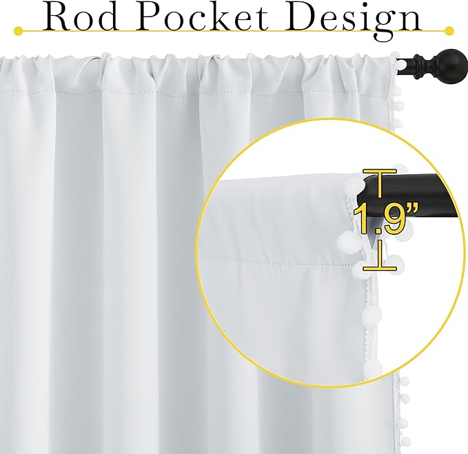 NICETOWN Pom Poms Trimming Blackout Curtains, Farmhouse Blackout Window Curtains Set of 2 Panels, Thick Thermal Insulated Vertical Drapes for Girls Boys Room Playroom, Greyish White, W52 x L84 inch - Image 3