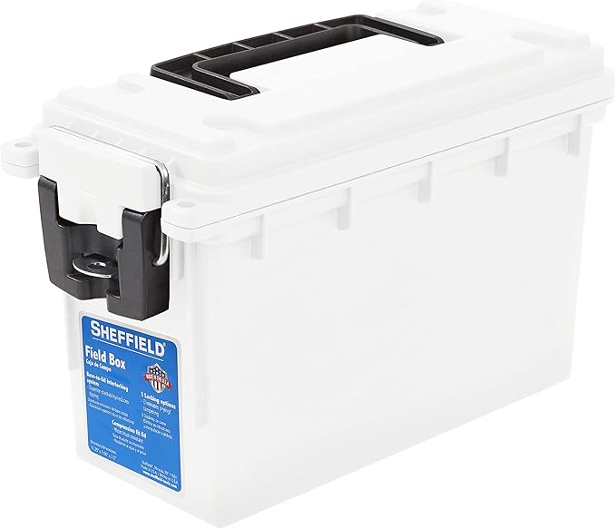 Sheffield 12634 Field Box, Pistol, Rifle, or Shotgun Ammo Storage Box, Tamper-Proof Locking Ammo Can, Water Resistant, Made in The U.S.A, Stackable, White by Sheffield