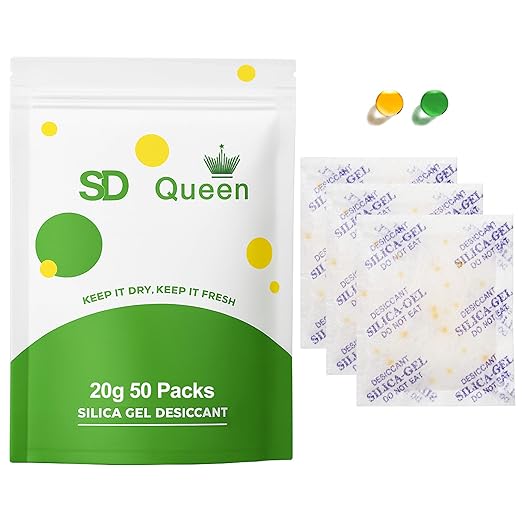 50-Pack 20g Silica Gel Packets – Heavy Duty Premium Rechargeable Moisture Absorbers with Color Indicating Beads for Bulk Storage, Seeds, Collectibles & Leather by SD+Queen