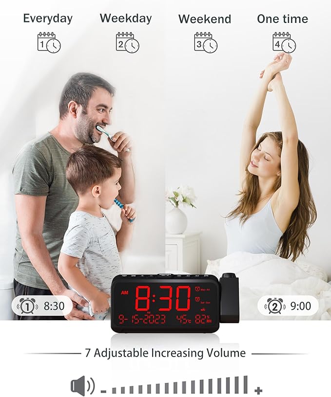 Roxicosly Projection Alarm Clock for Bedroom Ceiling, 118 dB Super Loud for Heavy Sleepers, 6.7" Large Digital Dimmable Display with Day Date Indoor Temp Humidity, Dual Alarms Adjustable Volume - Image 3